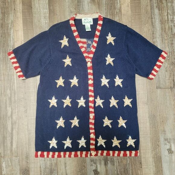 THE QUACKER FACTORY Cardigan M Red White Blue Sequins American Flag Patriotic - Picture 1 of 6